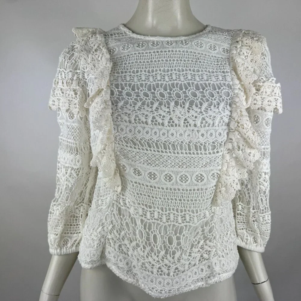 Anthropologie Seen Serena Lace Ruffle Blouse Top Women S 3/4 Sleeve Lined Cotton